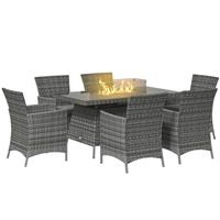 Outsunny Rattan Dining Set with Fire Pit Table and Armchairs, Grey