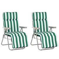 Outsunny Set of 2 Folding Sun Lounger Recliner Chairs Daybed Cushion Green White