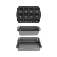 Salter Recycled 3Pc Bakeware Set27cm Square, 28cm Loaf Tin & 12-Cup Muffin Tray