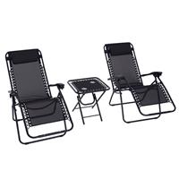 Outsunny 3PC Zero Gravity Chairs Sun Lounger Table Set w/ Cup Holders, Black