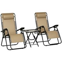 Outsunny 3PC Zero Gravity Chairs Sun Lounger Table Set w/ Cup Holders, Beige