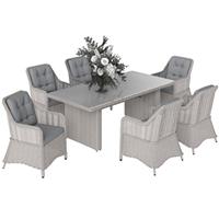 Outsunny 6 Seater Rattan Dining Set with Glass Top Table and Cushions, Grey