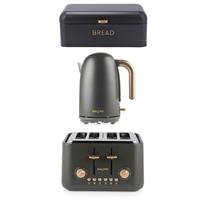 Salter Pebble 1.7L Fast Boil Kettle 4-Slice Toaster & Carbon Steel Bread Bin Set