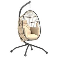 Outsunny Egg Chair Outdoor Indoor Garden Swing Chair, Folding Basket, Khaki