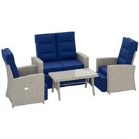 Outsunny 4 Piece Rattan Garden Furniture Set with Sofa, Glass Table, Blue
