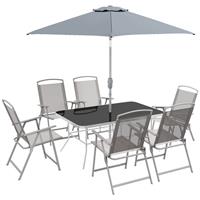 Outsunny 8 Pcs Garden Table and Chairs with Parasol Tempered Glass Top Grey
