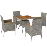 Outsunny Rattan Dining Set with Parasol Hole, Garden Table and Chairs, Teak