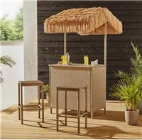 Tiki 3 Piece Bar Set Outdoor | Thatched Canopy | 2 Bar Stools | Tropical
