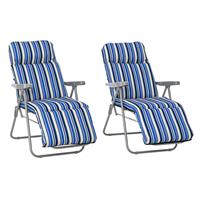 Outsunny Set of 2 Adjustable Sun Lounger Recliner Reclining Seat Blue and Cream
