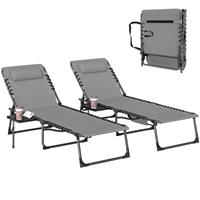 Outsunny Folding Sun Loungers with 5-Level Back, Cup Holder, Grey