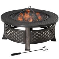 Outsunny Outdoor Fire Pit,Round Firepit with Grill Net,Mesh Lid,Bronze Tone