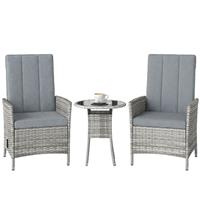 Outsunny Rattan Bistro Set, Reclining Garden Chairs and Table, Light Grey
