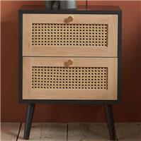 Croxley 2 Drawer Black and Oak Rattan Bedside Table Stylish Bedroom Furniture