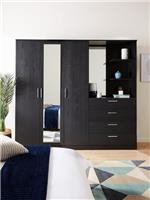 Panama 3 Door 4 Drawer Combi Wardrobe Black | Mirror & Shelves | Hanging Storage