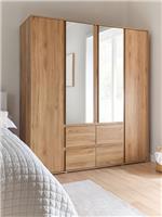 Lisson 4 Door Combi Wardrobe Oak & Mirror | Handle-Free | Drawers & Shelves