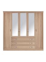 Camberley 5 Door 3 Drawer Mirrored Wardrobe Light Oak Bedroom Furniture UK