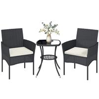 Outsunny 3 Piece Rattan Bistro Set w/ 2 Tier Glass-Top Table, Chairs Refurbished