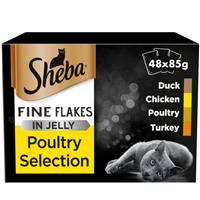48 x 85g Sheba Fine Flakes Adult Wet Cat Food Pouches Mixed Poultry in Jelly
