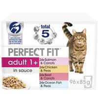 96 x 85g Perfect Fit 1+ Adult Wet Cat Food Pouches Mixed Selection in Sauce