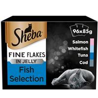 96 x 85g Sheba Fine Flakes Adult Wet Cat Food Pouches Mixed Fish in Jelly