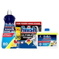 Finish Ultimate Infinity Shine Dishwasher Tablets Rinse Aid Liquid Cleaner Lemon