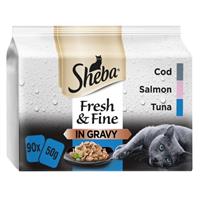 90 x 50g Sheba Fresh & Fine Adult Wet Cat Food Pouches Mixed Fish In Gravy