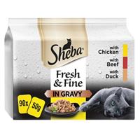 90 x 50g Sheba Fresh & Fine Adult Wet Cat Food Pouches Mixed Meat In Gravy