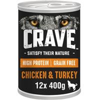 12 x 400g Crave Natural Grain Free Adult Dog Food Tins Chicken & Turkey in Loaf