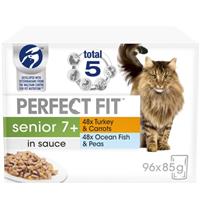 96 x 85g Perfect Fit Senior 7+ Wet Cat Food Pouches Mixed Flavours In Sauce