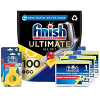 Finish Dishwasher Bundle 100 Quantum Tablets 2 x Freshener 3 x Cleaner Lemon