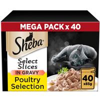 40 x 85g Sheba Select Slices Adult Wet Cat Food Pouches Mixed Poultry in Gravy