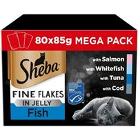 80 x 85g Sheba Fine Flakes Adult Wet Cat Food Pouches Mixed Fish in Jelly