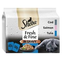 45 x 50g Sheba Fresh & Fine Adult Wet Cat Food Pouches Mixed Fish In Gravy