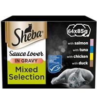 64 x 85g Sheba Sauce Lover Adult Wet Cat Food Trays Mixed Collection in Gravy