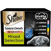 96 x 85g Sheba Sauce Lover Adult Wet Cat Food Trays Mixed Collection in Gravy
