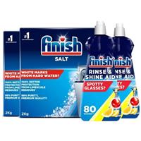 Finish Dishwasher Salt 4kg & 2 xRinse Aid Lemon Sparkle 400ml Bundle