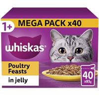 40 x 85g Whiskas 1+ Poultry Feasts Mixed Adult Wet Cat Food Pouches in Jelly