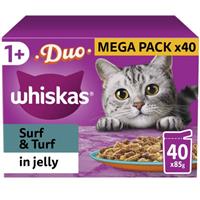 40 x 85g Whiskas 1+ Duo Surf & Turf Mixed Adult Wet Cat Food Pouches in Jelly