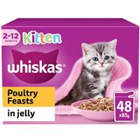 48 x 85g Whiskas Kitten Poultry Feasts Mixed Wet Cat Food Pouches in Jelly