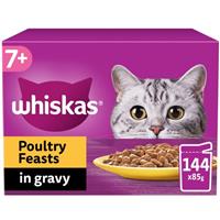 144 x 85g Whiskas 7+ Poultry Feasts Mixed Senior Wet Cat Food Pouches in Gravy