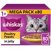 80 x 85g Whiskas 1+ Poultry Feasts Mixed Adult Wet Cat Food Pouches in Jelly