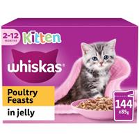 144 x 85g Whiskas Kitten Poultry Feasts Mixed Wet Cat Food Pouches in Jelly