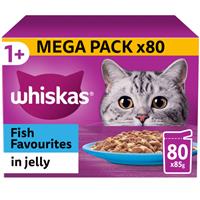 80 x 85g Whiskas 1+ Fish Favourites Mixed Adult Wet Cat Food Pouches in Jelly