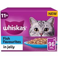 96 x 85g Whiskas 11+ Fish Favourites Mixed Senior Wet Cat Food Pouches in Jelly