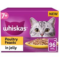 96 x 85g Whiskas 7+ Poultry Feasts Mixed Senior Wet Cat Food Pouches in Jelly