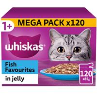 120 x 85g Whiskas 1+ Fish Favourites Mixed Adult Wet Cat Food Pouches in Jelly