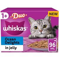 96 x 85g Whiskas 1+ Duo Ocean Delights Mixed Adult Wet Cat Food Pouches in Jelly