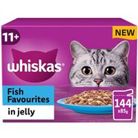 144 x 85g Whiskas 11+ Fish Favourites Mixed Senior Wet Cat Food Pouches in Jelly