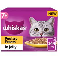 144 x 85g Whiskas 7+ Poultry Feasts Mixed Senior Wet Cat Food Pouches in Jelly