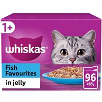 96 x 85g Whiskas 1+ Fish Favourites Mixed Adult Wet Cat Food Pouches in Jelly